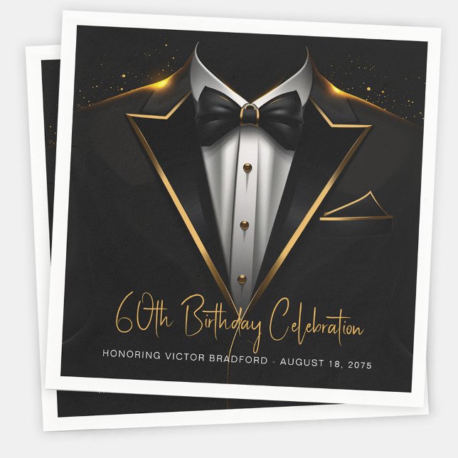 Mens Black Gold Birthday Party Napkin (Mens black gold birthday party paper napkins. Add your event details, photo or logo to personalize.)