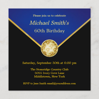 Mens Black Gold Blue Elegant Birthday Invitations