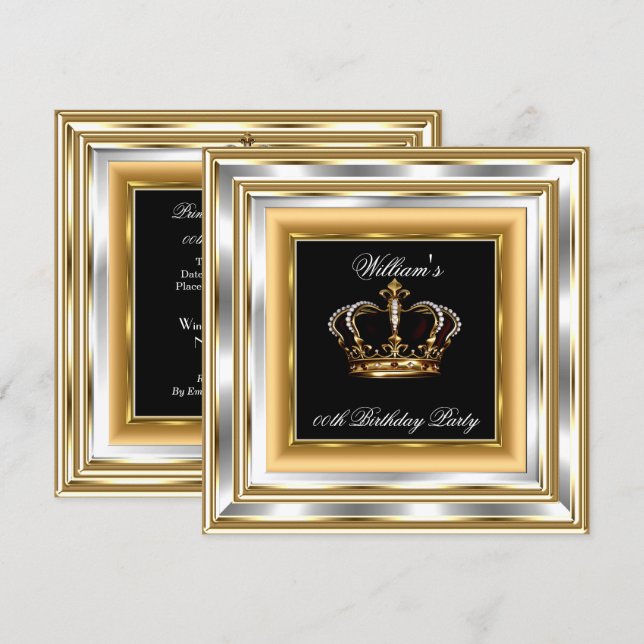 Men's Black Gold Silver Birthday Prince King 3 Invitation (Front/Back)