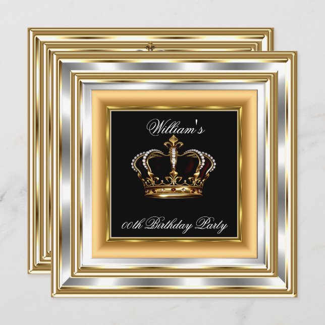 Men's Black Gold Silver Birthday Prince King 3 Invitation (Front/Back)