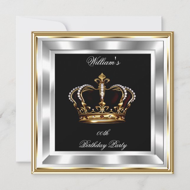 Men's Black Gold Silver Birthday Prince King Invitation (Front)
