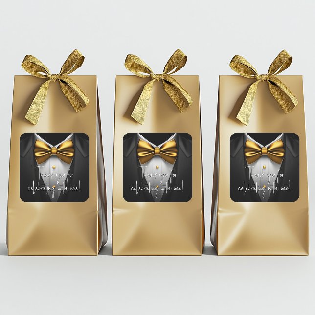 Mens Black Gold Tuxedo Birthday Party Square Sticker (Mens black gold birthday party and any event tuxedo stickers. Add your text to personalize. 2 sizes.)