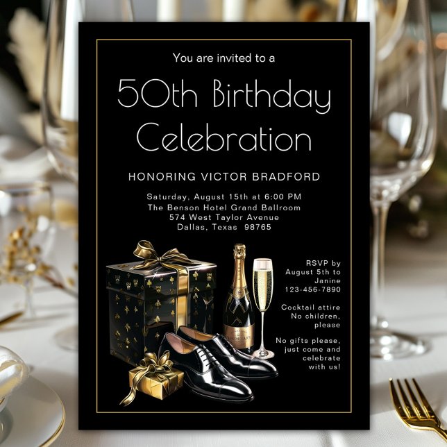 Mens Black Gold Upscale Birthday Invitation (Celebrate in style! Classy sophisticated black and gold any number birthday and event invitation. )