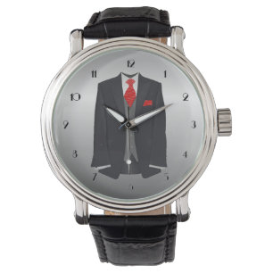 Men's Black Suit and Red Tie Wrist Watch