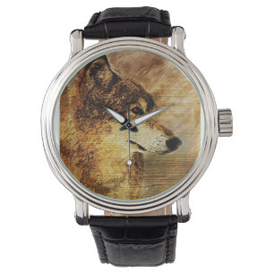 Men's Black Watch with Timber Wolf Illustration