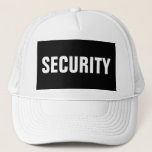 Mens Black White Customisable Security Text Trucker Hat<br><div class="desc">Add Image Company Logo Text Here Modern Elegant Template Men's Security Member Black White Baseball Cap / Trucker Hat.</div>