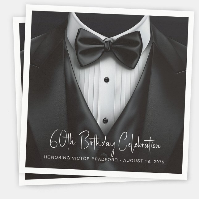 Mens Black White Tuxedo Birthday Party Napkin (Mens black white tuxedo birthday party and event napkins. Add your details to personalize.)