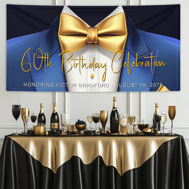 Mens Blue Gold Tuxedo Birthday Party Banner (Mens blue and gold birthday party and event banner. Simply add your event details as needed.)