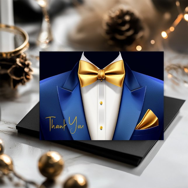 Mens Blue Gold Tuxedo Birthday Party Thank You Card (Mens blue and gold tuxedo thank you cards. Add your text for printed message, or leave blank.)