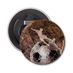 mens boys soccer player kicking ball bottle opener