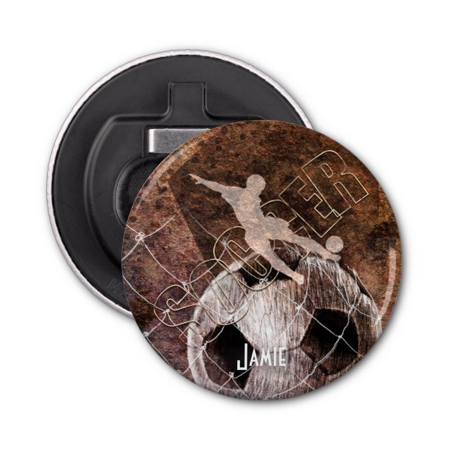 mens boys soccer player kicking ball bottle opener (Front)