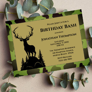 Men's Camo Deer On The Hill Birthday Invitation