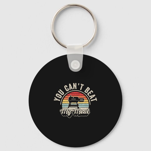Mens can't beat meat retro bbq pit reverse flow key ring (Front)