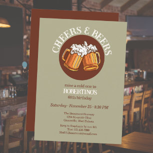 Men's Cheers and Beers Sage Retro 60th Birthday Invitation