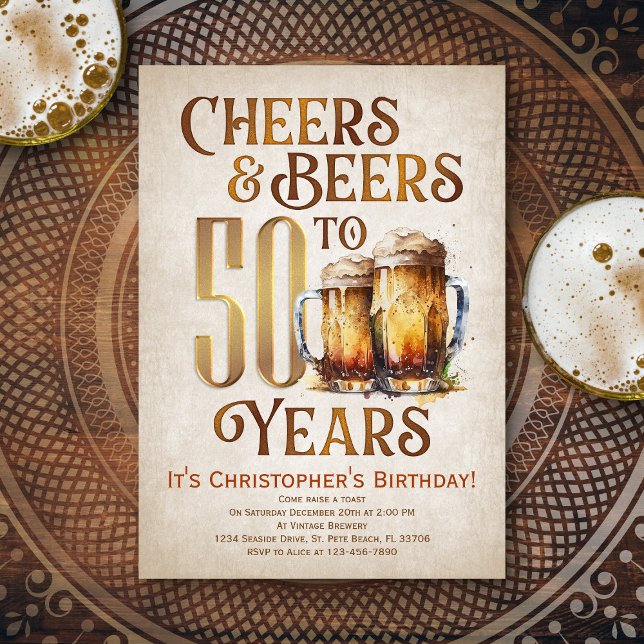 Mens Cheers & Beers Funny 50th Birthday Invitation (Creator Uploaded)