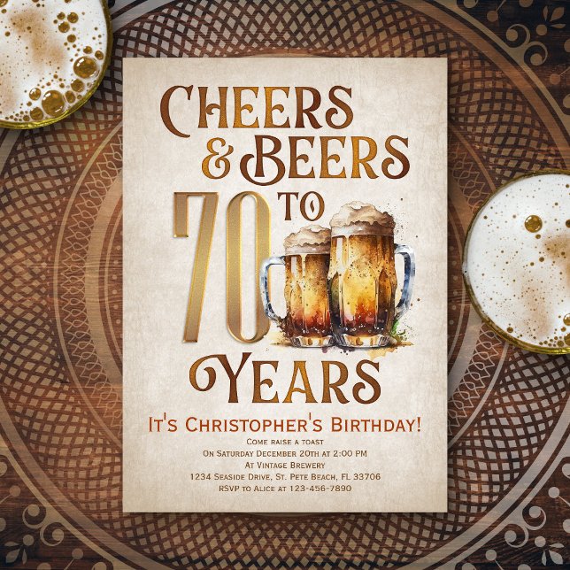 Mens Cheers & Beers Funny 70th Birthday Invitation (Creator Uploaded)