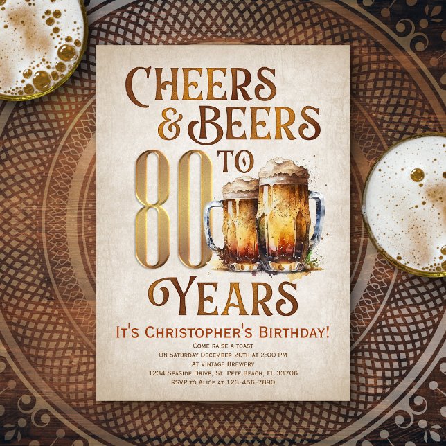 Mens Cheers & Beers Funny 80th Birthday Invitation (Creator Uploaded)