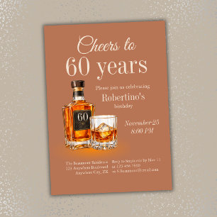 Men's Cheers to 60 Years Whiskey Theme Birthday Invitation
