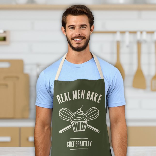 Men's Chef Custom Name Cooking Baking Apron ("real men bake" funny men's cooking baking apron with custom name cupcake and whisk design green )