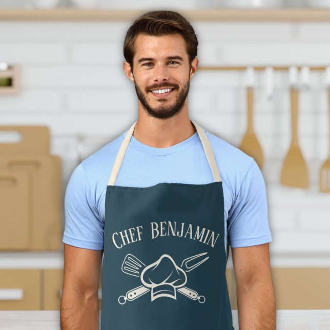 Men's Chef Custom Name Cooking BBQ Apron (Custom personalized men's chef bbq smoker baking apron chef hat barbecue fork design with name)