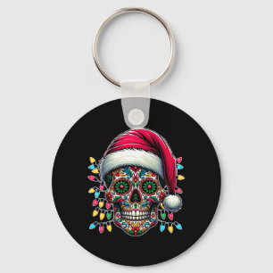 Mens Christmas Sugar Skull Santa Hat Lights Day Of Key Ring