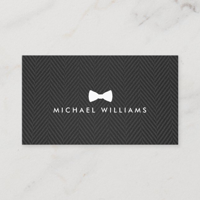 Men's Classic Bow Tie Logo on Black Herringbone Business Card (Front)