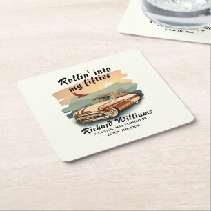 Men's classic car desert sunset 50th Birthday Square Paper Coaster