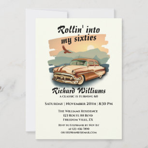 Men's classic car desert sunset 60th Birthday Invitation