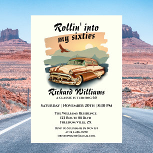 Men's classic car desert sunset 60th Birthday Invitation