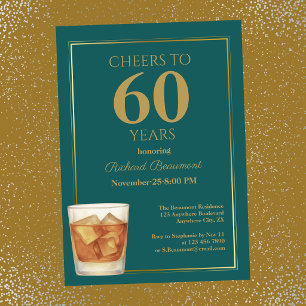 Men's Classic Teal Gold Cheers 60th Birthday Invitation