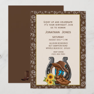 Mens Cowboy Boots Horseshoe Birthday Invitation
