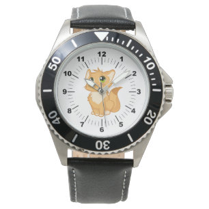 Men's Cute Cat Black Leather Strap Watch