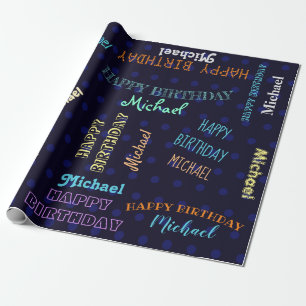 Men's Dark Blue Happy Birthday Name Custom Wrapping Paper