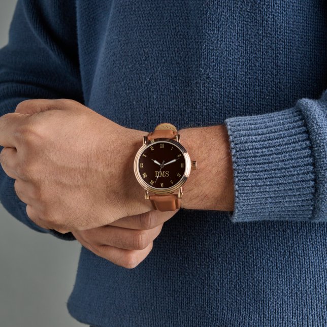 Mens Dark Brown Gold Monogrammed Leather Strap Watch (Wrist)