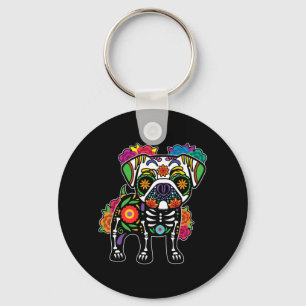 Mens Dog Pug Floral Skeleton Day Of Government Key Ring