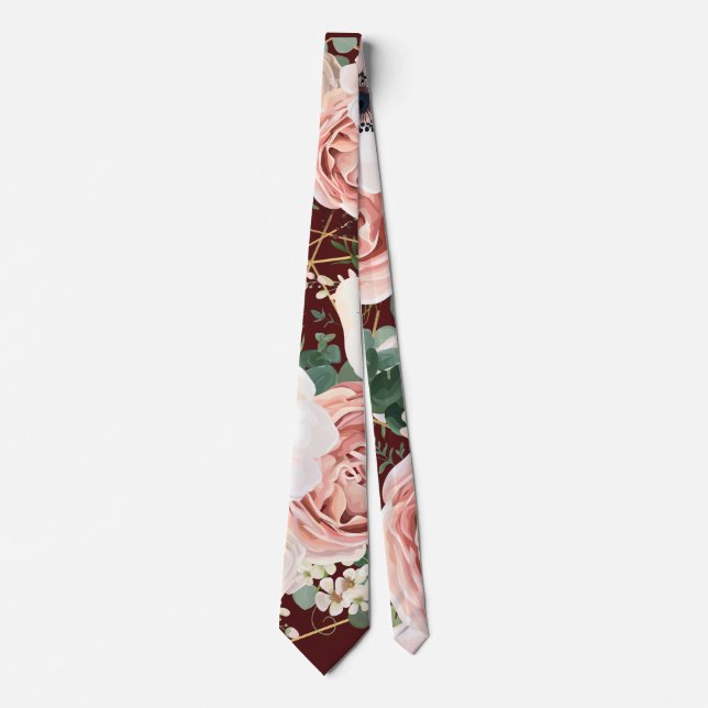 Mens Dress Tie Geometric Garden Rose Wine Burgundy (Front)