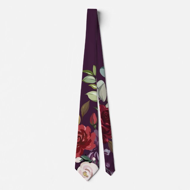 Mens Dress Tie Plum Purple Roses Gold Geometric Fl (Front)