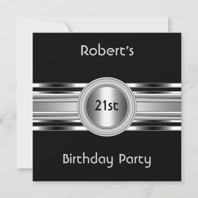 Mens Elegant 21st Birthday Party Black Silver Invitation (Front)