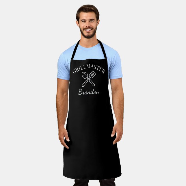 Men's Elegant Black Chef Name Modern Grillmaster Apron (Worn)