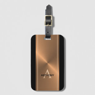 Mens Elegant Black Gold Bronze Monogram Name Luggage Tag