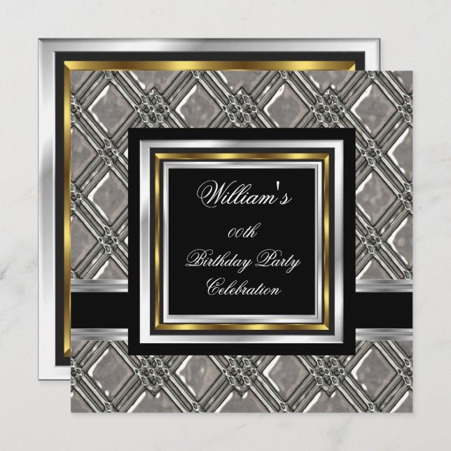 Men's Elegant Black Gold Silver Birthday Metal 2 Invitation (Front/Back)