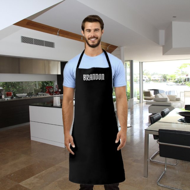 Men's Elegant Black White Name Modern Simple Chic  Apron (Creator Uploaded)