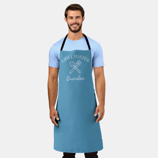 Men's Elegant Blue Chef Name Modern Grillmaster Apron (Worn)
