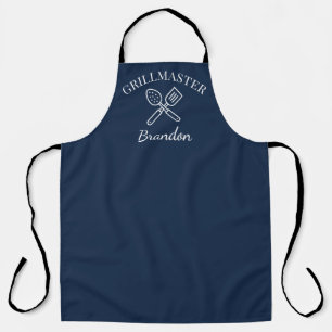 Men's Elegant Blue Chef Name Modern Grillmaster Apron