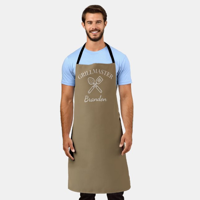 Men's Elegant Brown Chef Name Modern Grillmaster Apron (Worn)