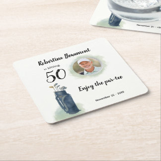 Men's Elegant Golf Theme Photo 50th birthday Square Paper Coaster