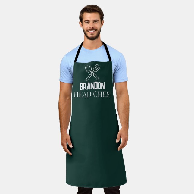 Men's Elegant Green Chef Name Modern Simple Apron (Worn)
