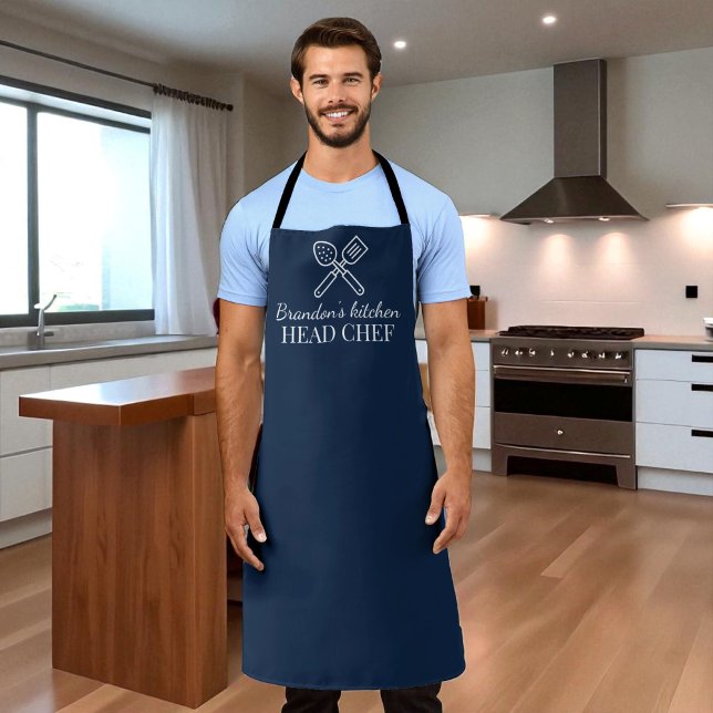 Men's Elegant Navy Blue Chef Name Modern Simple Apron (Creator Uploaded)