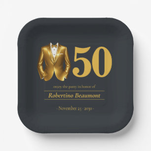 Men's Elegant Tuxedo Gold Black 50th Birthday Paper Plate
