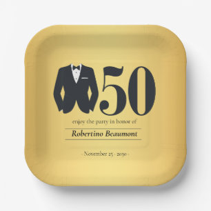 Men's Elegant Tuxedo Gold Black 50th Birthday Paper Plate